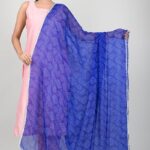 Stunning portrait of a woman in a pink dress and blue dupatta, showcasing traditional Indian fashion.